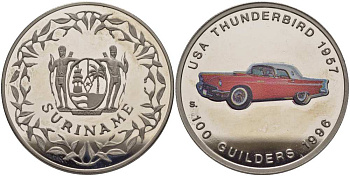 Суринам 100 гульденов 1996 США, Thunderbird 1957, эмаль KM 47 медно-никель PROOF 1077-7-14