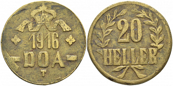 Немецкая Восточная Африка (Танзания) 20 геллеров 1916 T, Ost-Africa, малая корона, буквы LL острые Jaeger 724 b, KM 15a, WK 27 a латунь 5010-635