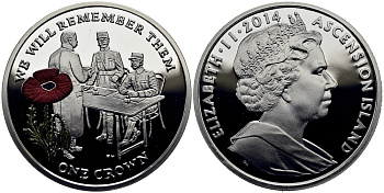 Остров Вознесения 1 крона 2014 в память героев первой мировой войны, допрос, красный мак KM NEW серебро, эмаль PROOF 1071-3-61