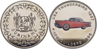Суринам 100 гульденов 1996 США, Thunderbird 1957, эмаль KM 47 медно-никель PROOF 1077-7-14