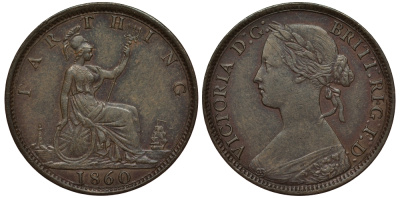 Великобритания 1 фартинг 1860 Виктория (1837-1901), зубчатая кайма KM 747.2, Spink 3958 бронза 1522-615