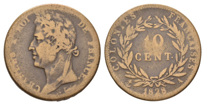 Французский Индокитай 10 сантимов 1828 Французские колонии, A, Карл X (1824-1830) KM 11 бронза 413-6515