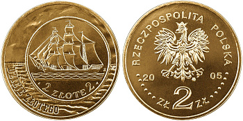 Польша 2 злотых 2005 MW, история польского злотого, парусник KM 521, Parchimowicz 951 нордик  UNC 4565-243