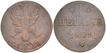 Франкфурт 1 геллер 1821 GB AKS 30, Jaeger 10, KM 301 медь 73-626