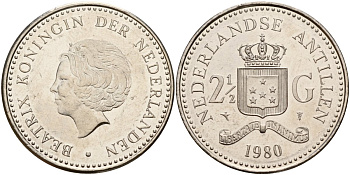 Нидерландские Антилы 2 1/2 гульдена 1980 Беатрикс (1980-2013) KM 19 никель UNC 4179-324