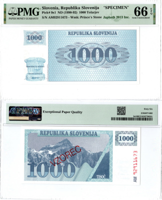 Словения набор из 7 банкнот (образец / SPECIMEN) (1, 5, 10, 50, 100, 500 и 1000 толаров) 1990-1992 в слабах PMG (66, 67 и 68) Pick 1s1, 3s1, 4s1, 5s1, 6s1, 8s1, 9s1 бумага UNC (пресс) 452-2-118