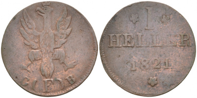 Франкфурт 1 геллер 1821 GB AKS 30, Jaeger 10, KM 301 медь 73-626