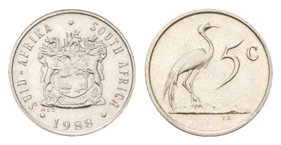 ЮАР 5 центов 1988 герб, райский журавль KM 84 никель aUNC 4694-514