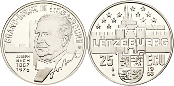 Люксембург 25 экю 1993 Жозеф Беш, один из основателей Евросоюза KM X 36 серебро PROOF 00-00