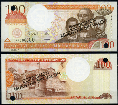 Доминиканская Республика 100 песо 2000 Пуэрта-дель-Конде в Санто-Доминго, Пабло Дуарте, Франциско Санчес, Матас Рамон. "Образец". С диагональной надпечаткой слова "Especimen" и перфорационными отверстиями Pick 167 a s  бумага  UNC (пресс) 451-678-1