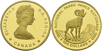 Канада 100 долларов 1985 Национальные парки, толсторог (баран) KM 144 золото PROOF 10-017-33