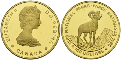 Канада 100 долларов 1985 Национальные парки, толсторог (баран) KM 144 золото PROOF 10-017-33
