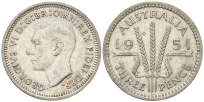 Австралия 3 пенса 1951 PL, Георг V (1936-1952) KM 44 серебро 4621-1221