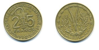 ЗАПАДНАЯ АФРИКА 25 ФРАНКОВ 1979 KM 5 алюминиевая бронза 86-1653