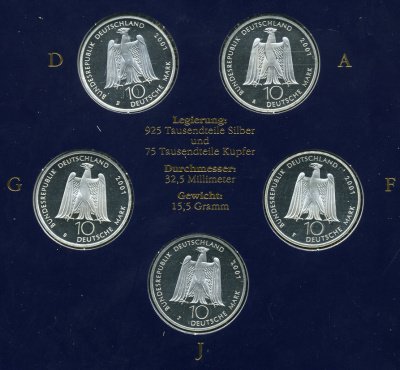 ФРГ набор из 5 штук по 10 марок 2001 A, D, F, G, J,  200 лет со дня рождения Альберта Лорцинга KM 205 серебро PROOF 6-5-2-13