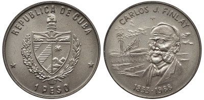 Куба 1 песо 1988 155 лет со дня рождения Карлоса Финлея KM 282 медно-никель UNC 4557-531