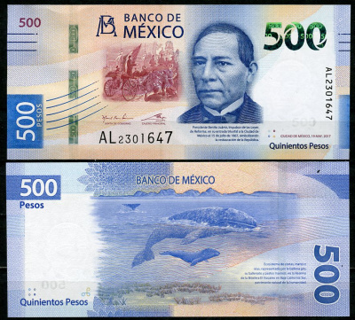 Мексика 500 песо 2017 Бенито Хуарес, киты, 19 мая 2017 Pick 136 (5-2017-3)  бумага  UNC (пресс) 451-573-1