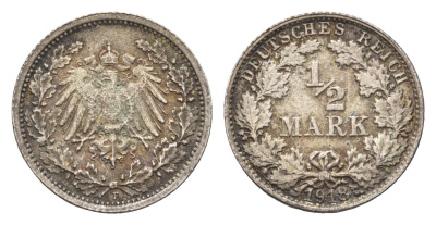 Германия 1/2 марки 1918 F KM 14, J. 17 серебро 4164-953