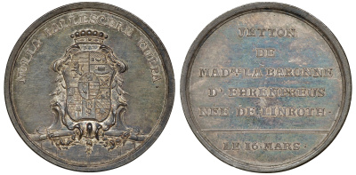 Швеция медаль/жетон 18-й век в честь Катарины Эренпрейс (урожд. Линрот), жены шведского государственного деятеля, ректора университета и нумизмата Карла Дидриха Эренпреуса, диаметр 34,8 мм., вес 16,0 гр.  серебро    00-809-18