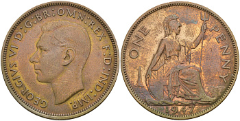 Великобритания 1 пенни 1947 Георг VI (1936-1952) KM 845, Spink 4114 бронза 4683-626