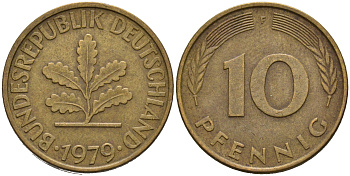 ФРГ 10 пфеннигов 1979 F KM 108, J. 383 сталь плакированная латунью 4681-1145