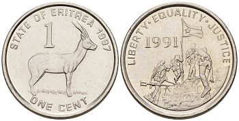 Эритрея 1 цент 1997 краснолобая антилопа KM 43 сталь плакированная никелем 75-135