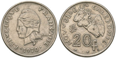 Французская Новая Каледония 20 франков 1970 три быка, (IEOM) KM 6, Schoen 8, Lec 105 никель 4120-236