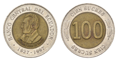 Эквадор 100 сукре 1997 70 лет Центробанку KM 101 биметалл UNC 4697-433