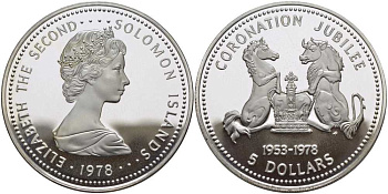 СОЛОМОНОВЫ ОСТРОВА 5 ДОЛЛАРОВ 1978 СЕРЕБРЯННЫЙ ЮБИЛЕЙ КОРОНАЦИИ ЕЛИЗАВЕТЫ II (1953-1978), ТИРАЖ 8846 ЭКЗ., ПРОБА 925, ВЕС 28,28 ГР. KM 8 серебро UNC 00-00