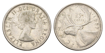 Канада 25 центов 1957 Елизавета II (1952-2022), олень KM 52 серебро 181-344