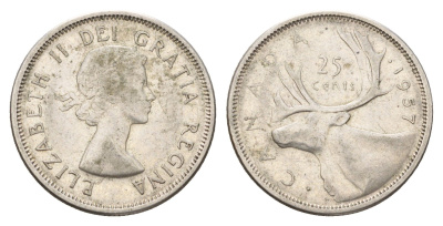 Канада 25 центов 1957 Елизавета II (1952-2022), олень KM 52 серебро 181-344