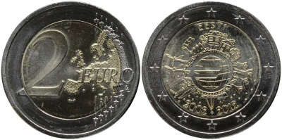 Эстония 2 евро 2012 10 лет монетарной политике и наличному евро KM 70 биметалл UNC 115-933