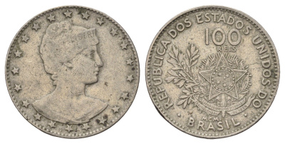 Бразилия 100 реалов (рейс) 1901 KM 503 медно-никель 218-444