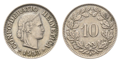 Швейцария 10 раппенов 1953 KM 27 медно-никель 4685-245