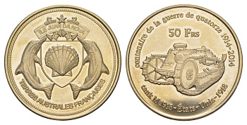 Французские Южные и Антарктические Территории (Жуан-ди-Нова) 50 франков 2014 танки Первой Мировой войны M1918 - США 1918 медно-никель BU 1520-243