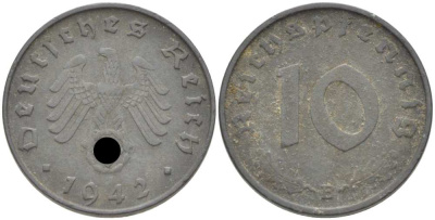 ГЕРМАНИЯ 10 РЕЙХСПФЕННИГОВ 1942 В KM 101, J. 371 цинк 202-312