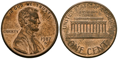 США 1 цент 1987 D, Линкольн KM 201b цинк плакированный медью 4136-324