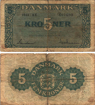 Дания 5 крон 1944 СЕРИЯ AE Pick 35а бумага 8589-7-4-1