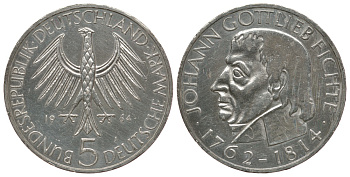 ФРГ 5 марок 1964 J, 150 лет со дня смерти Иоганна Готлиба Фихте J. 393, KM 118.1 серебро 413-1611