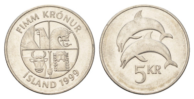 Исландия 5 крон 1999 дельфины KM 28a сталь плакированная никелем UNC 4691-422