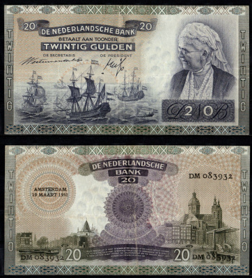 Нидерланды 20 гульденов 1941 Флот адмирала де Рюйтера на дорогах Алжира (Рембрандт). Королева Эмма Pick 54 бумага 451-1304-2