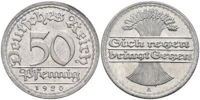 Германия 50 пфеннигов 1920 A KM 27, J.301, Weege 10 алюминий UNC 4584-725
