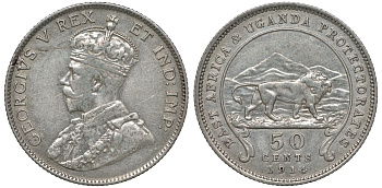 Британская Восточная Африка и Уганда 50 центов 1914 H, Георг V, лев, монетный двор Хитон KM 9 серебро 1528-833