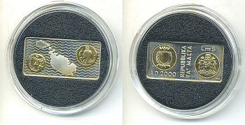 Мальта 5 лир 2000 миллениум, монета необычной формы, позолота KM 114 серебро  PROOF  11-042-11