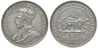 Британская Восточная Африка и Уганда 50 центов 1914 H, Георг V, лев, монетный двор Хитон KM 9 серебро 1528-833