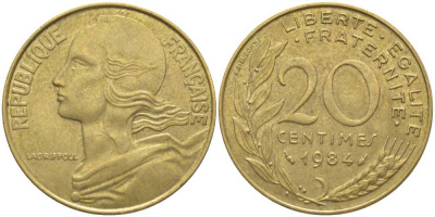 Франция 20 сантимов 1984 тип Marianne KM 930, Le Franс 156.24 медь алюминий никель 175-853