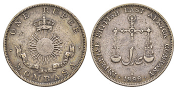 Момбаса 1 рупия 1888 KM 5 серебро 1521-345
