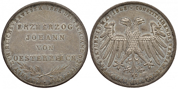 Франкфурт 2 гульдена 1848 эрцгерцог Иоганн Австрийский Dav. 644, Thun 135, KM 338, AKS 39 серебро 00-815-37