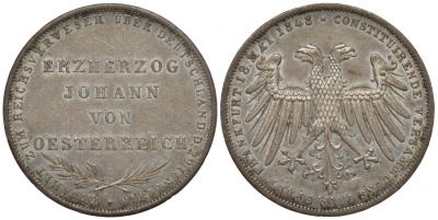 Франкфурт 2 гульдена 1848 эрцгерцог Иоганн Австрийский Dav. 644, Thun 135, KM 338, AKS 39 серебро 00-815-37