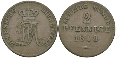 Ольденбург для Биркенфельда 2 пфеннига 1848 KM 7 медь 4044-542